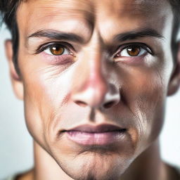 A close-up image of a man's strong light brown eyes