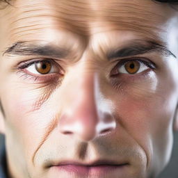 A close-up image of a man's strong light brown eyes