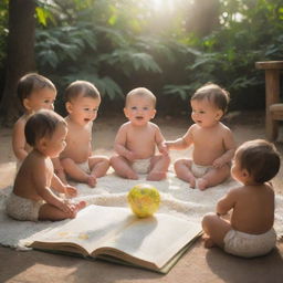 Create an image of adorable babies gathered together in a bright, sunlit setting, engrossed in a storytelling session of moral tales. The physical manifestations of these tales should subtly embellish the surroundings.