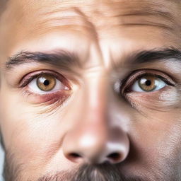 A close-up image of a man's strong light brown eyes