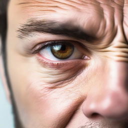 A close-up image of a man's strong light brown eyes