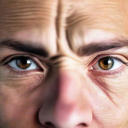 A close-up image of a man's strong light brown eyes