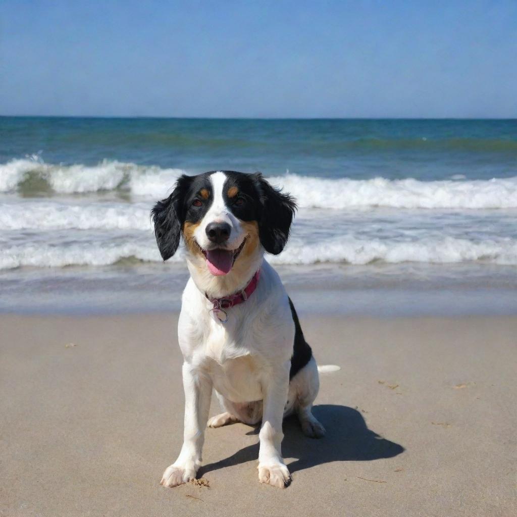 Scarlatti enjoying a lovely day at the beach, with gentle waves lapping at the shore