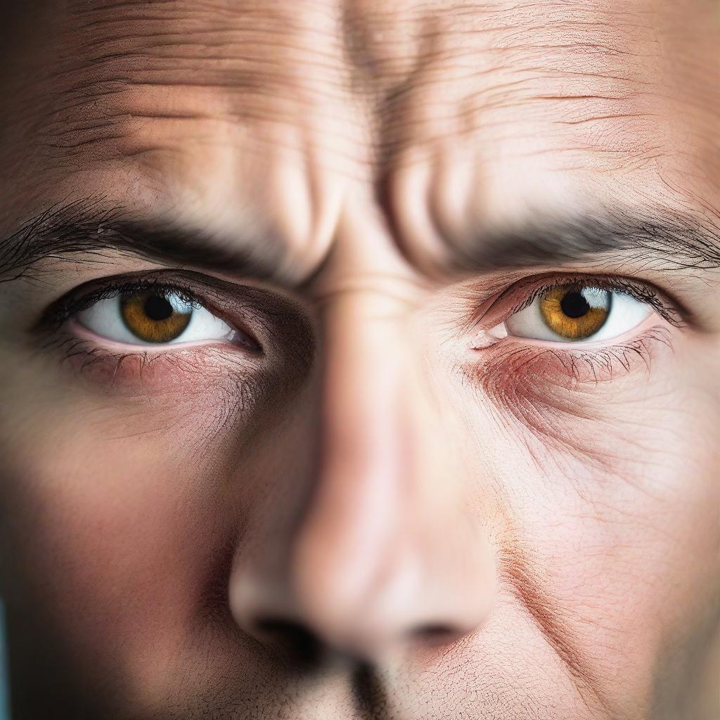 A close-up image of a man's strong light brown eyes