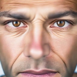 A close-up image of a man's strong light brown eyes