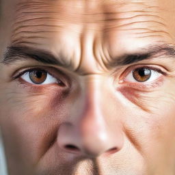 A close-up image of a man's strong light brown eyes