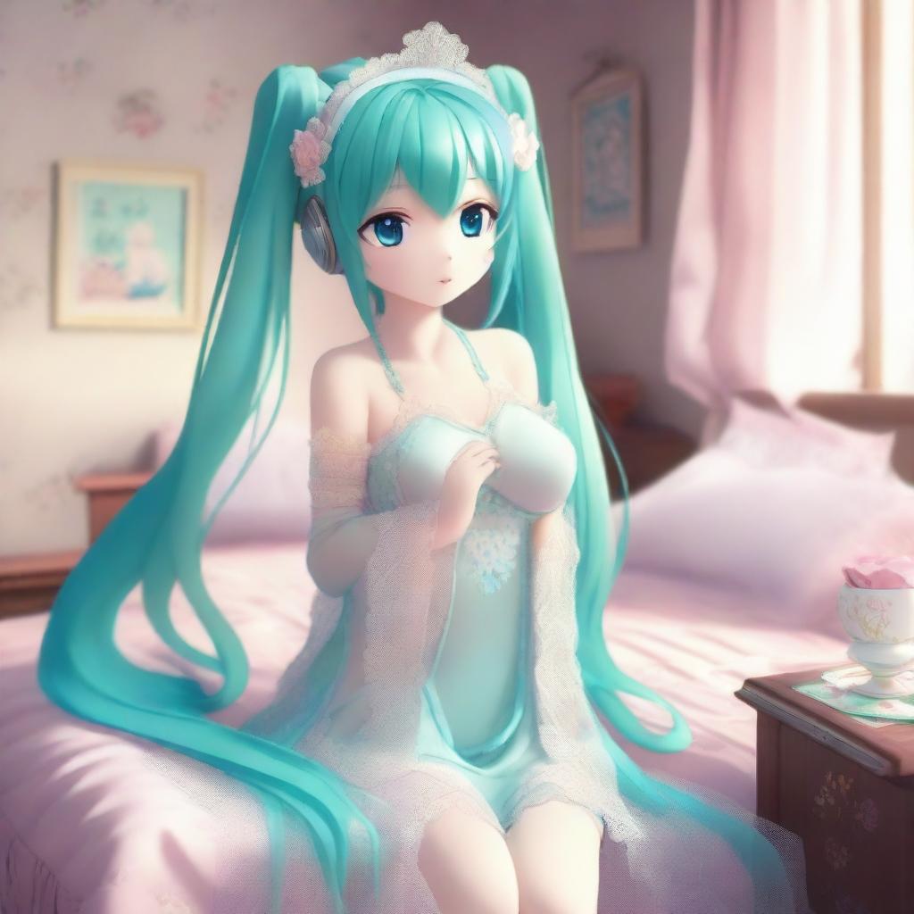 Hatsune Miku, the popular virtual singer, is depicted wearing a beautiful nighty