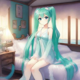 Hatsune Miku, the popular virtual singer, is depicted wearing a beautiful nighty