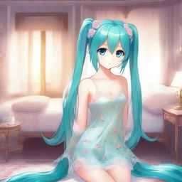 Hatsune Miku, the popular virtual singer, is depicted wearing a beautiful nighty