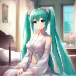 Hatsune Miku, the popular virtual singer, is depicted wearing a beautiful nighty