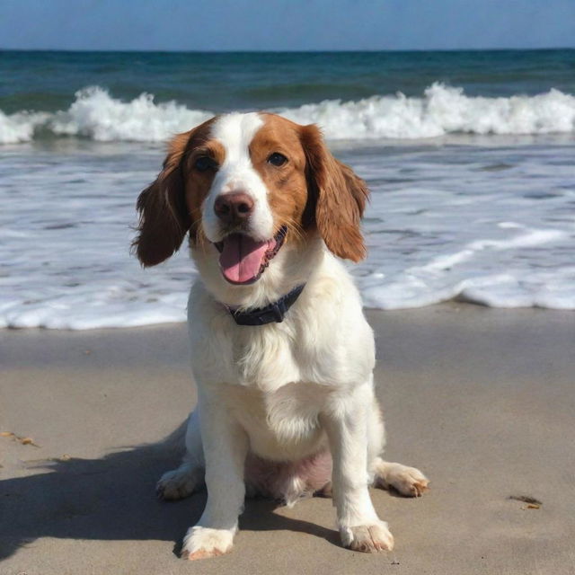 Scarlatti enjoying a lovely day at the beach, with gentle waves lapping at the shore