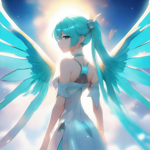 A detailed illustration of Hatsune Miku with beautiful angel wings on her back