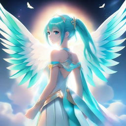 A detailed illustration of Hatsune Miku with beautiful angel wings on her back