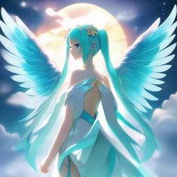 A detailed illustration of Hatsune Miku with beautiful angel wings on her back