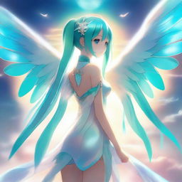 A detailed illustration of Hatsune Miku with beautiful angel wings on her back