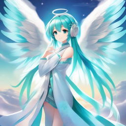 A detailed illustration of Hatsune Miku with majestic angel wings