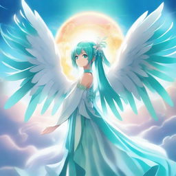 A detailed illustration of Hatsune Miku with majestic angel wings