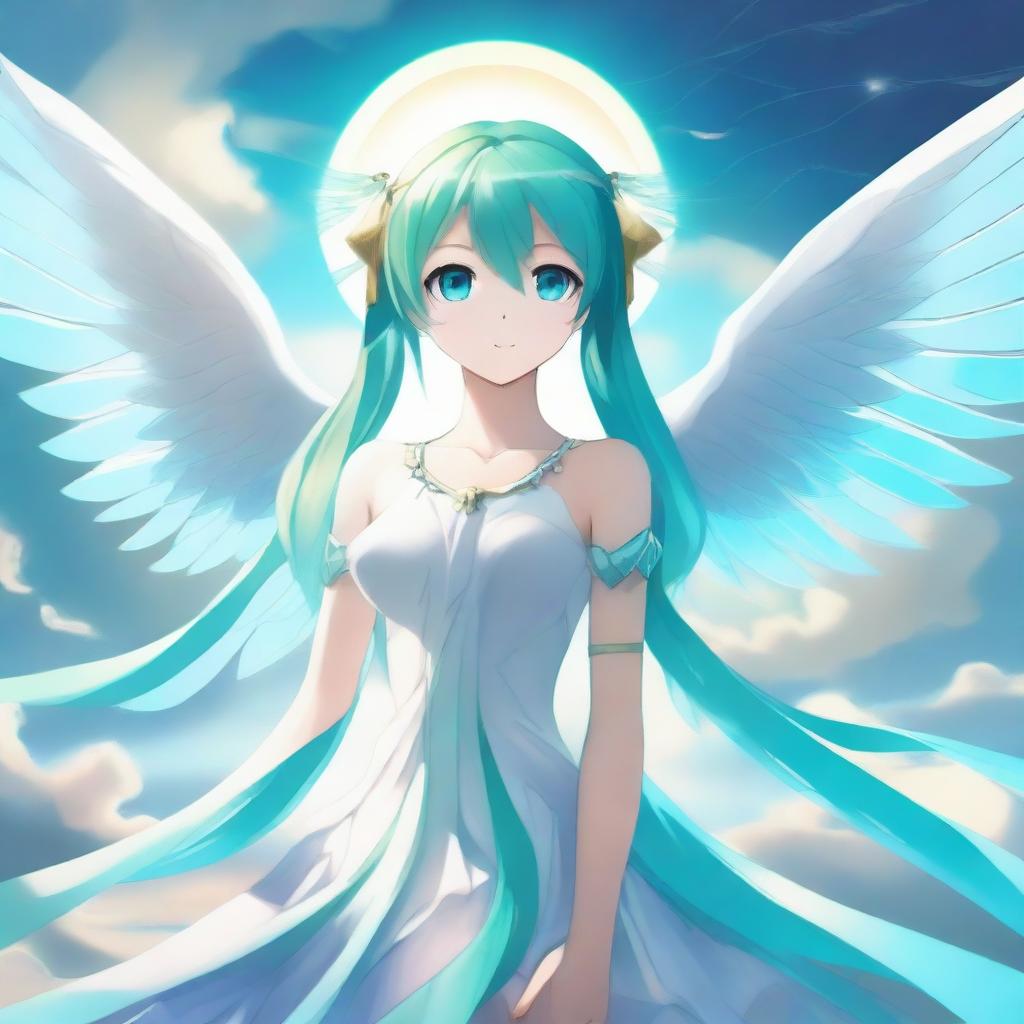 A detailed illustration of Hatsune Miku with majestic angel wings