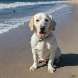 Scarlatti enjoying a lovely day at the beach, with gentle waves lapping at the shore