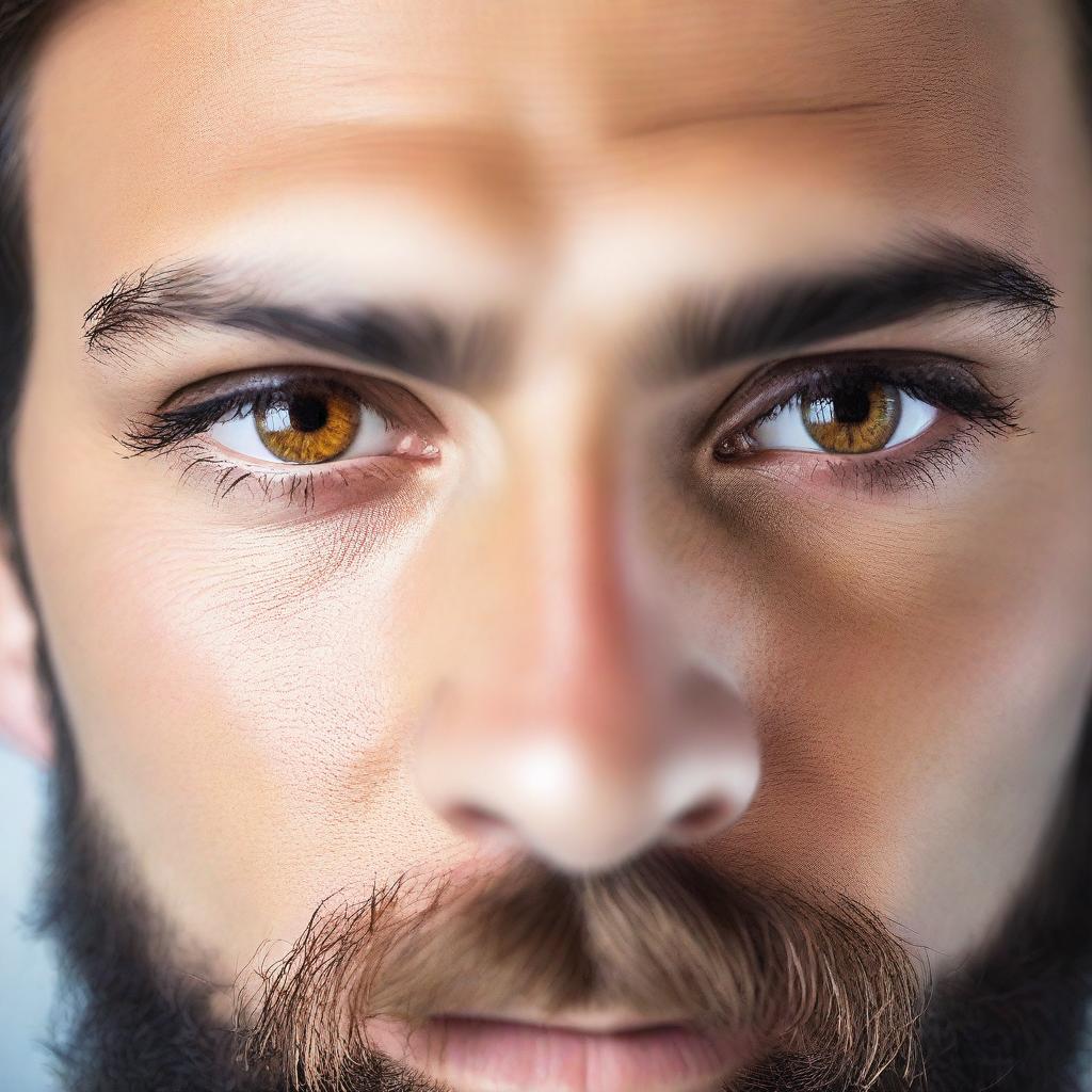 A close-up image of a man's light brown eyes