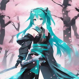 A detailed illustration of Hatsune Miku wearing shiny black samurai armor with turquoise edges