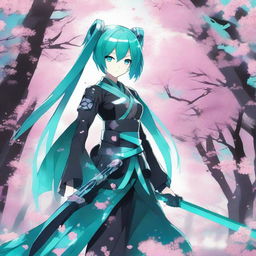 A detailed illustration of Hatsune Miku wearing shiny black samurai armor with turquoise edges