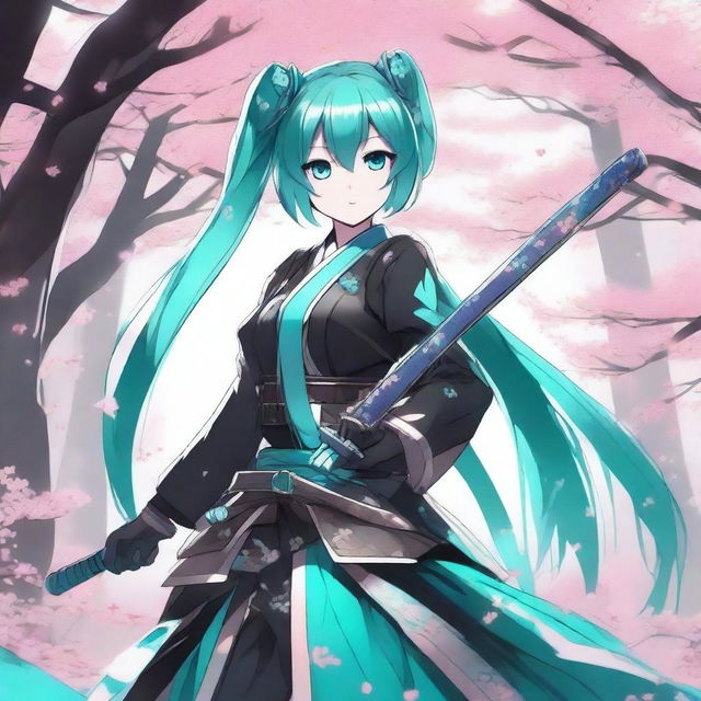 A detailed illustration of Hatsune Miku wearing shiny black samurai armor with turquoise edges