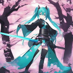 A detailed illustration of Hatsune Miku wearing shiny black samurai armor with turquoise edges