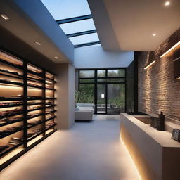 Create an image of a modern cellar with windows on the roof