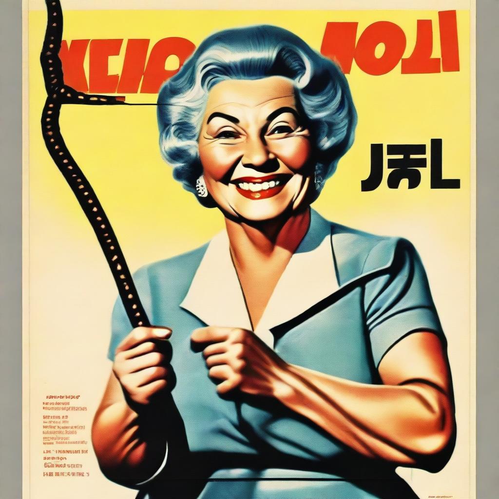 A vintage movie poster featuring an old lady smiling while holding a whip in her right hand