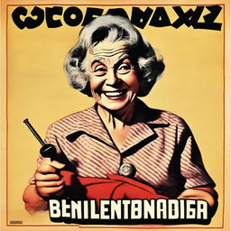 A vintage movie poster featuring an old lady smiling while holding a whip in her right hand