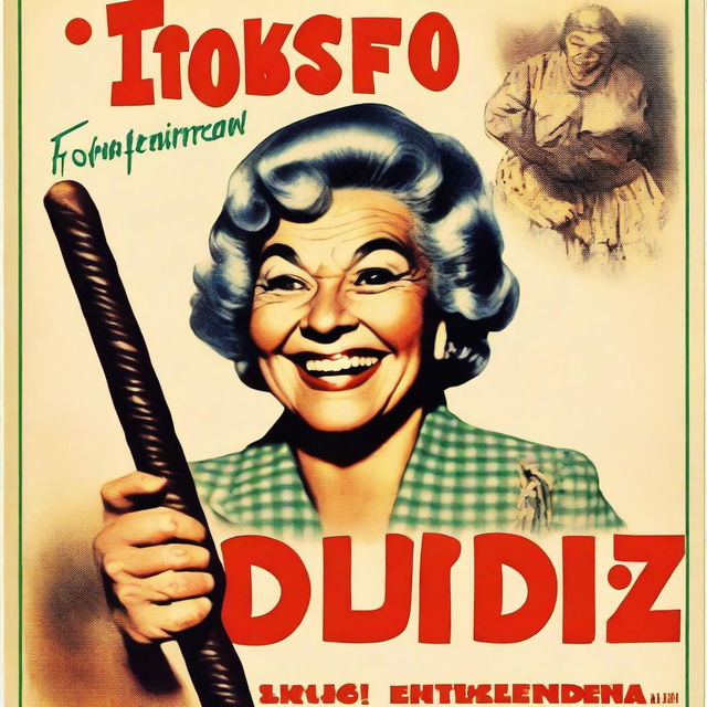 A vintage movie poster featuring an old lady smiling while holding a whip in her right hand