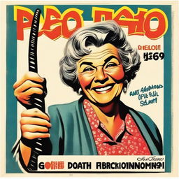 A vintage movie poster featuring an old lady smiling while holding a whip in her right hand