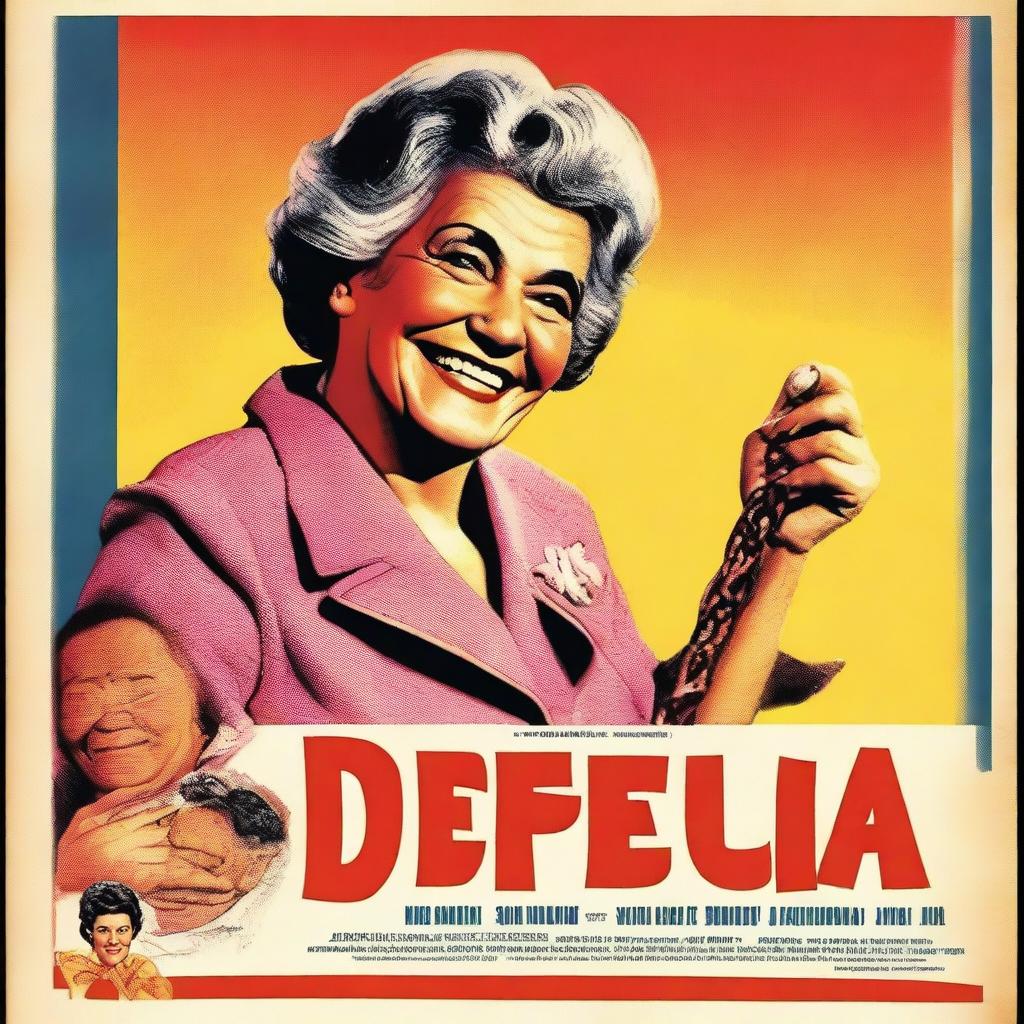 A vintage movie poster featuring an old lady smiling while holding a whip in her right hand