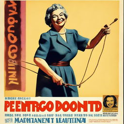 A vintage movie poster featuring an old lady smiling while holding a whip in her right hand