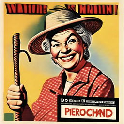 A vintage movie poster featuring an old lady smiling while holding a whip in her right hand