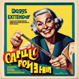 A vintage movie poster featuring an old lady smiling while holding a whip in her right hand