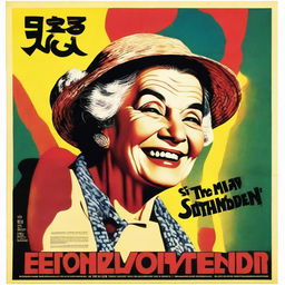 A vintage movie poster featuring an old lady smiling while holding a whip in her right hand