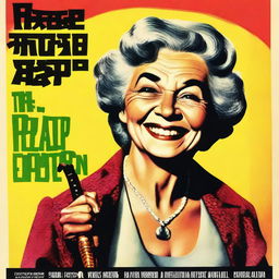 A vintage movie poster featuring an old lady smiling while holding a whip in her right hand