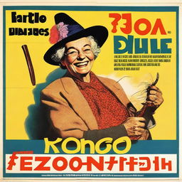 A vintage movie poster featuring an old lady smiling while holding a whip in her right hand