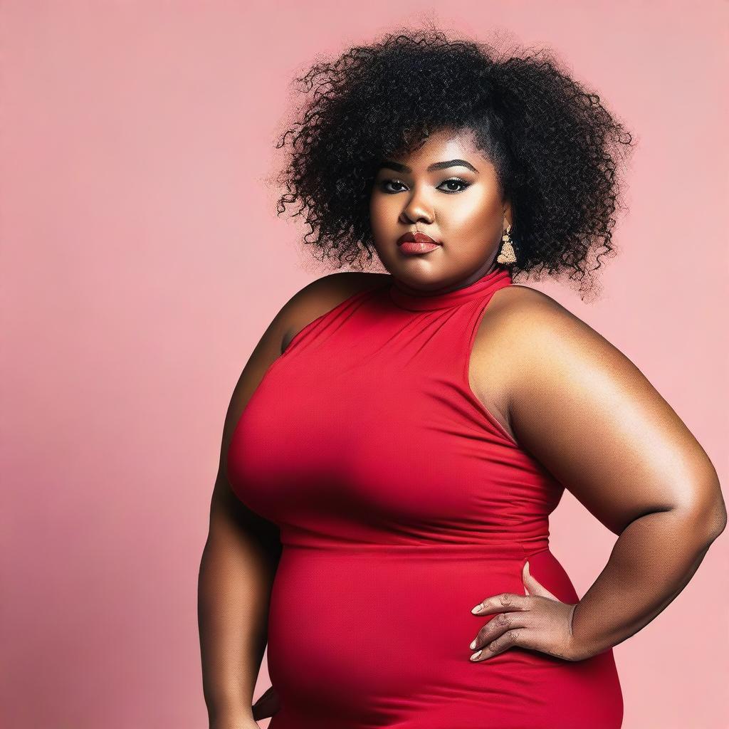 A strong black chubby woman, 22 years of age, wearing a red dress with a slit on her thigh