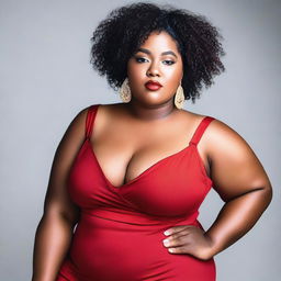 A strong black chubby woman, 22 years of age, wearing a red dress with a slit on her thigh