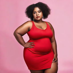 A strong black chubby woman, 22 years of age, wearing a red dress with a slit on her thigh