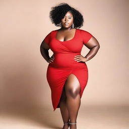 A strong black chubby woman, 22 years of age, wearing a red dress with a slit on her thigh