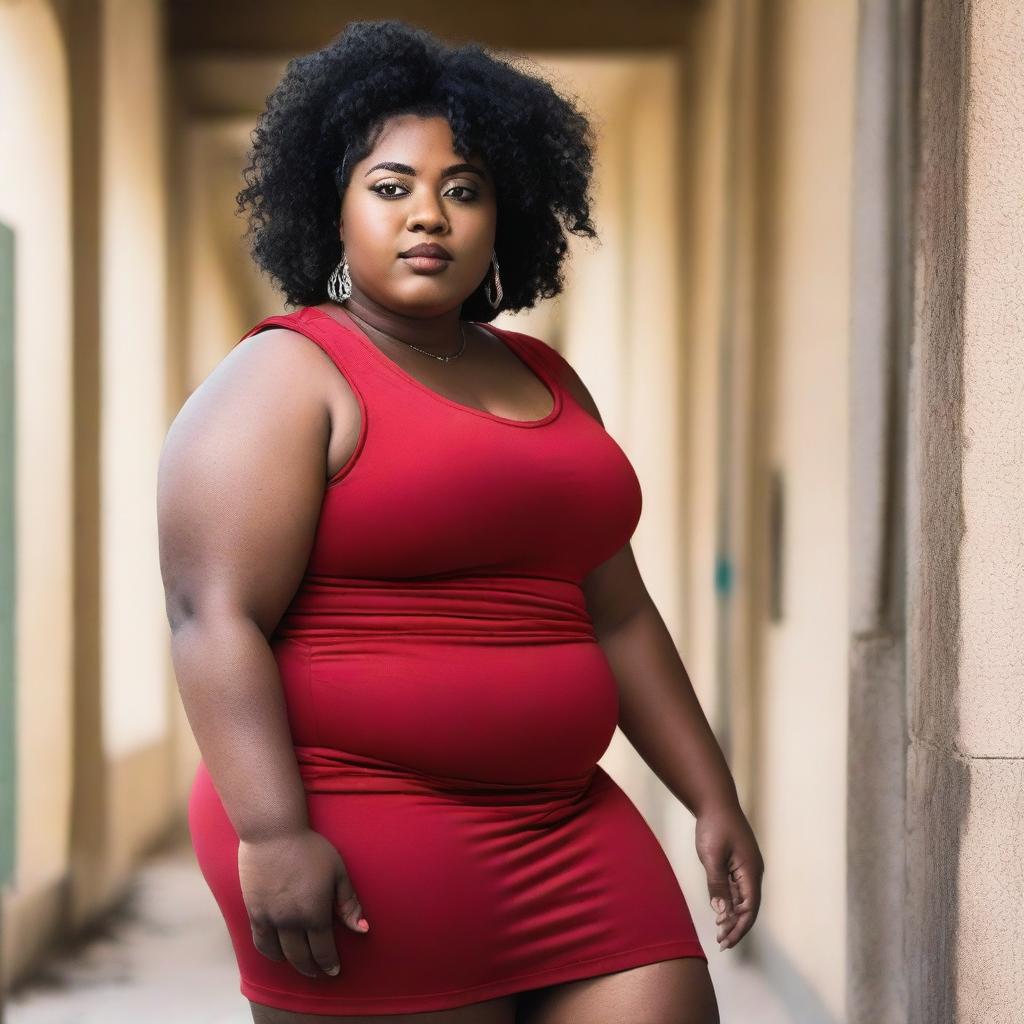 A strong black chubby woman, 22 years old, wearing a red dress with a slit on her thigh