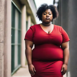 A strong black chubby woman, 22 years old, wearing a red dress with a slit on her thigh