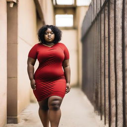 A strong black chubby woman, 22 years old, wearing a red dress with a slit on her thigh