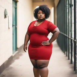 A strong black chubby woman, 22 years old, wearing a red dress with a slit on her thigh