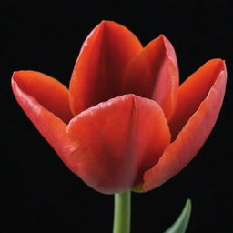 A vivid red open tulip in full bloom against a contrasting background, showcasing its intricate inner structure and vibrant petals