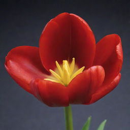 A vivid red open tulip in full bloom against a contrasting background, showcasing its intricate inner structure and vibrant petals